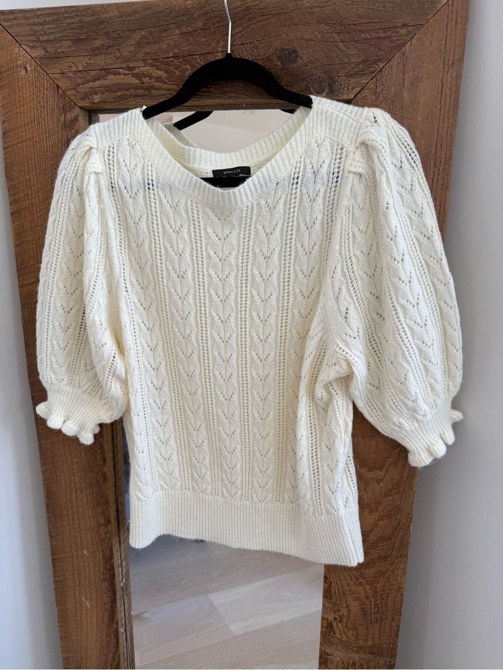 RW&CO. Open-Knit V-Neck Puff-Sleeve Sweater - Cream